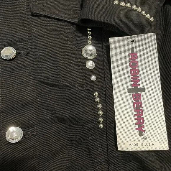 NWT Vintage Robin Berry Denim Jacket Black Rhinestone Small Western Glam USA 90s